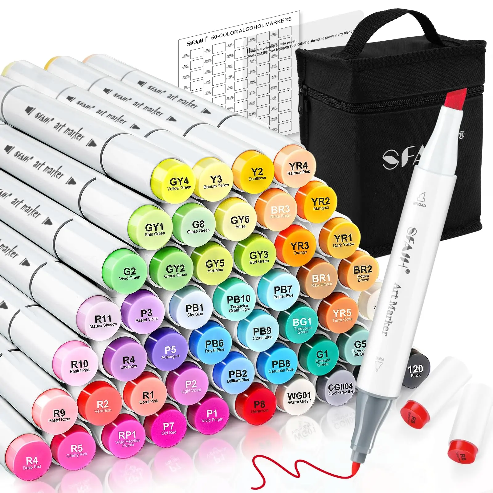 SFAIH 49-Color Alcohol Markers, Dual-Tip (Fine & Chisel) Office Stationery for Adult Artists, Drawing, Illustration, Stress-Relief Coloring Supplies, Me-Time Gift