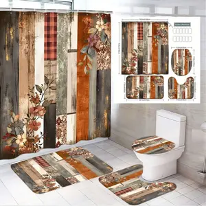 4pcs Rustic Vintage Floral Bathroom Set, Cozy Wooden Plank Shower Curtain, Plaid Patterns, & Floral Motif,The floor mat fabric is thicker and softer!  Bath Mat & Rug