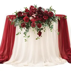 TINGE TIME Artificial Sweetheart Flower Swag with Table Cloth and Table Runner, Pack of 3 Floral Arrangement for Wedding Sweetheart Table Centerpiece Decoration (Burgundy Red) Light Silk