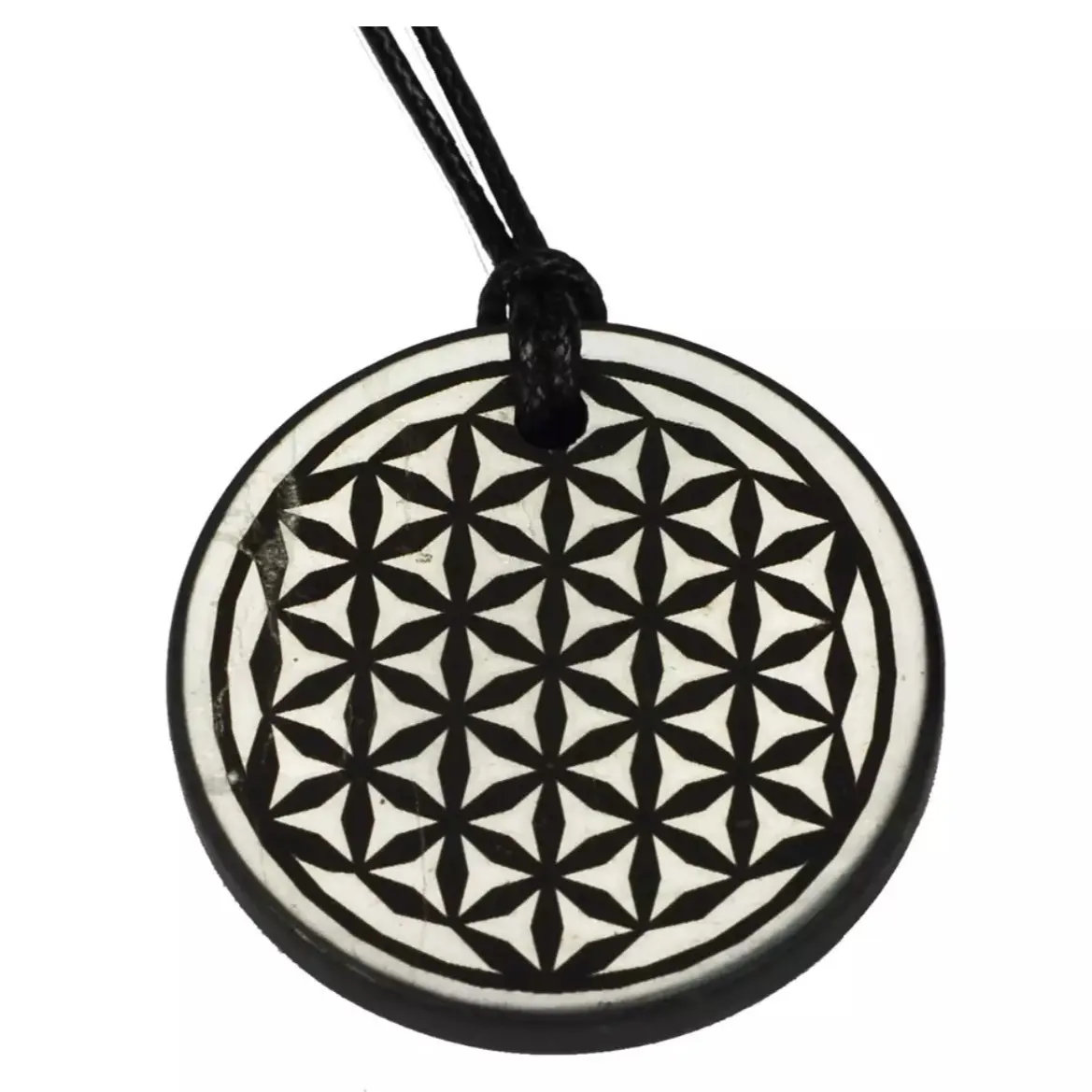 Shungite EMF Protection Necklace with Flower of Life Engraved Pendant Circle Design Black and White Jewelry for EMF Radiation Protection