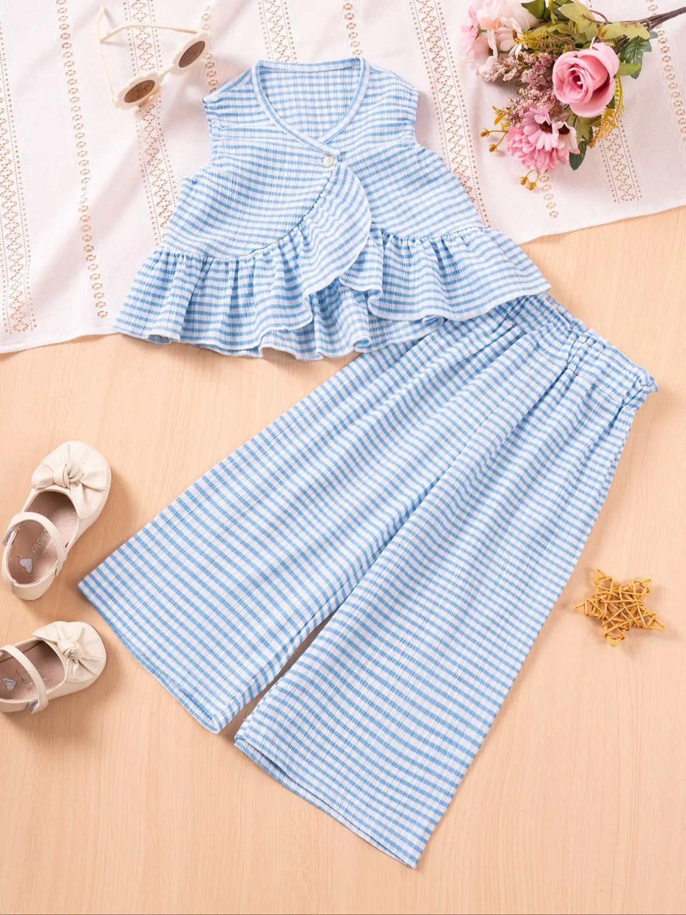 Two-Piece Set Toddler Girl's Striped Print Sweater Co-ord Set, Cute Casual Ruffle Trim Long Sleeve Top & Flare Leg Pants for Summer, Kids Clothes for