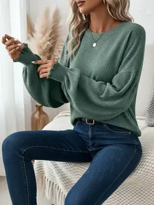Women's Autumn Winter Knit Top, Knitwear, Vintage Style, Round Neck, Lantern Sleeves, Long Sleeve, Casual Loose Fit, Perfect for Daily Wear and Fall Season