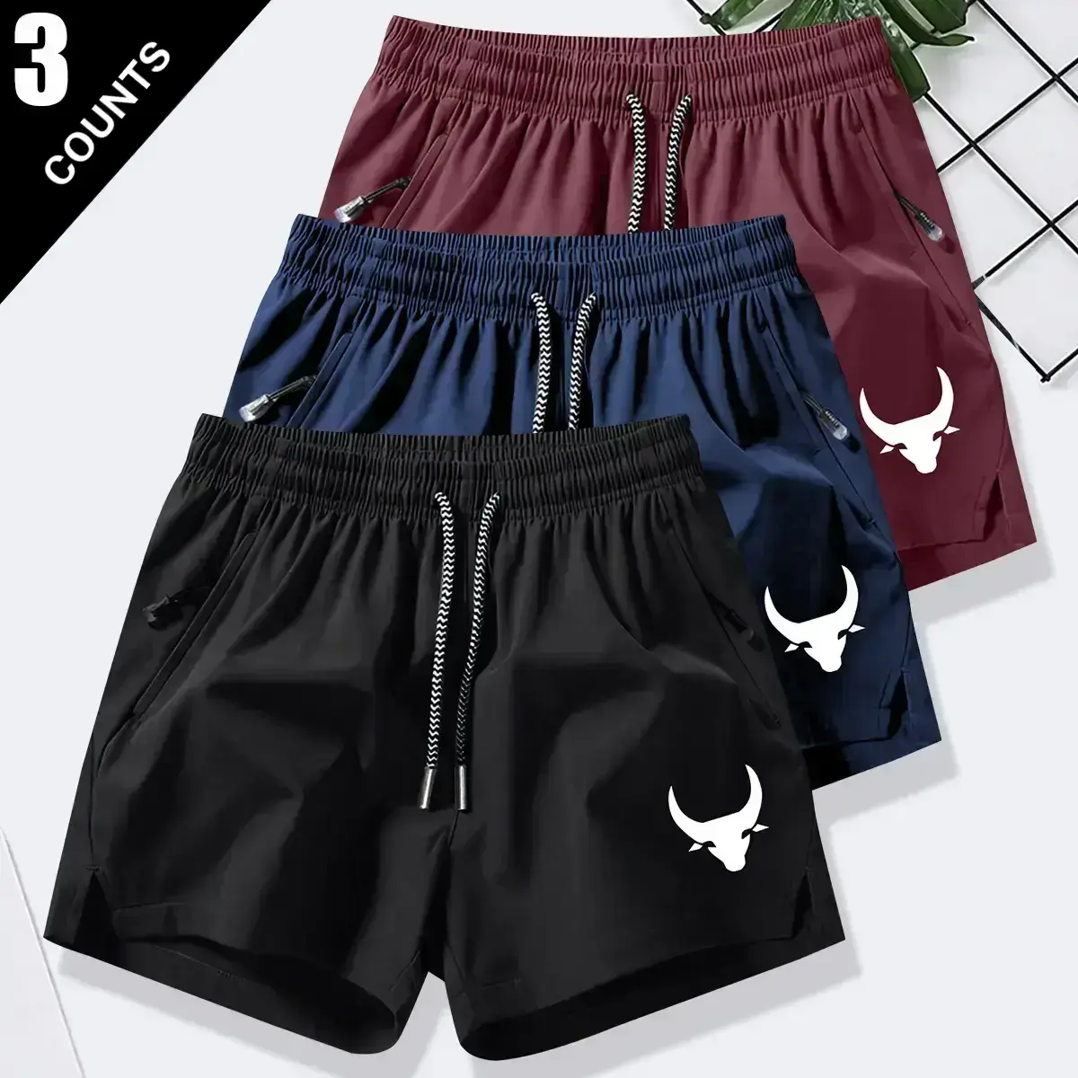 Men's Sports Shorts Set of 3, Summer Casual Quick Dry Athletic Shorts with Elastic Waistband and Drawstring, Zipper Pockets, Breathable and Stylish, Moisture Wicking, Perfect for Running, Cycling, Hiking, and Swimming Zipper Athletic Shorts quick dry comf