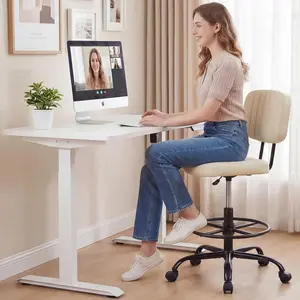 Adjustable Height Rolling Stool with Footrest Ring – Armless PU Leather Vanity Chair for Bedroom, Makeup, Bar Counter (Black/Beige/Brown)