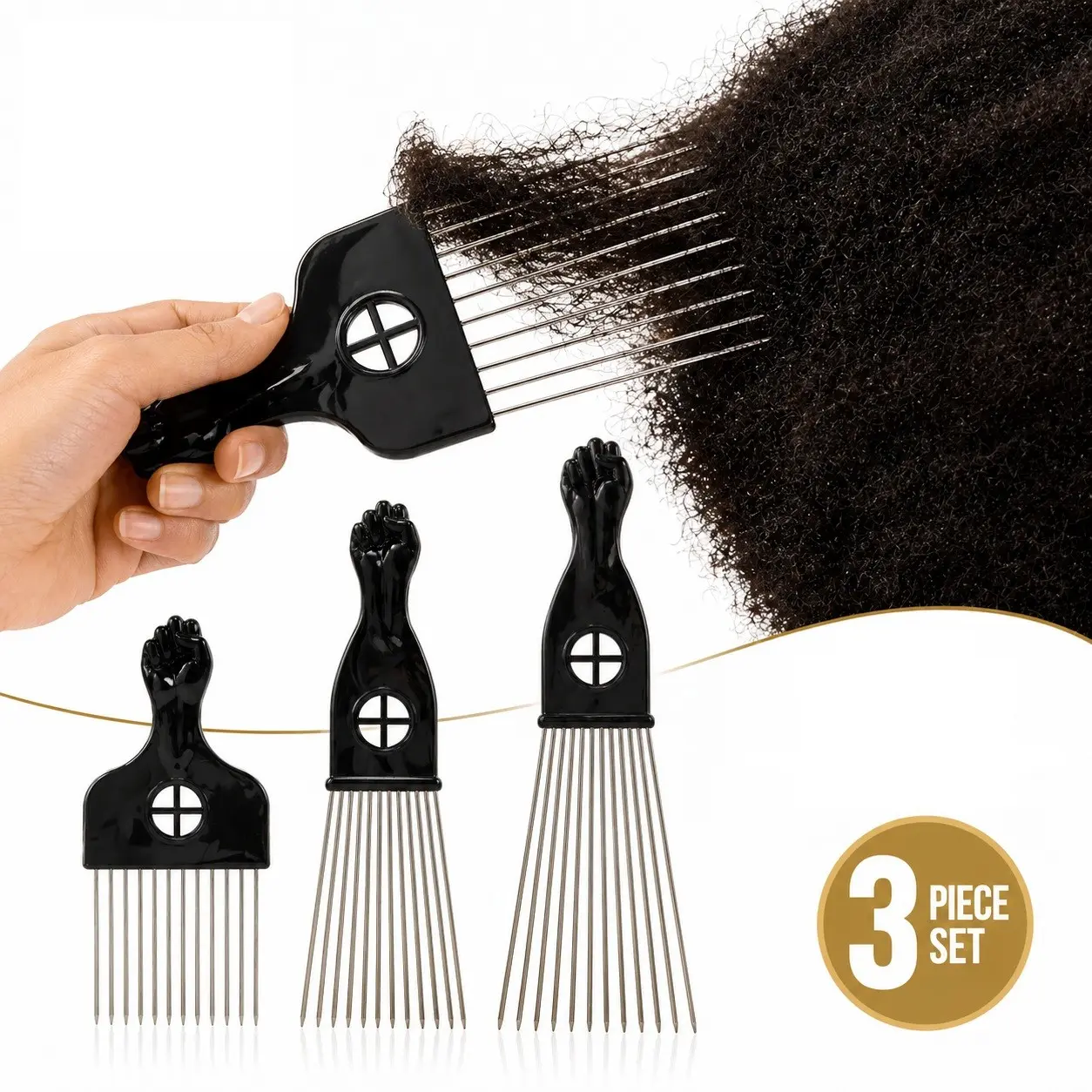 3 Piece African Hair Care Comb Set, Fist Handle Design, Stainless Steel Wide Tooth Combs, Durable Hairdressing Comb, Unisex, Ideal for Curly Hair, Big Backcombs, Volumizing Comb, Curling Comb, Hair Styling Tools