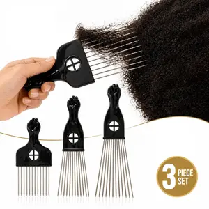 3 Piece African Hair Comb Set, Fist Handle Design, Stainless Steel Wide Tooth Combs, Unisex, Ideal for Curly Hair, Big Backcombs, Volumizing Comb, Hair Styling Tools