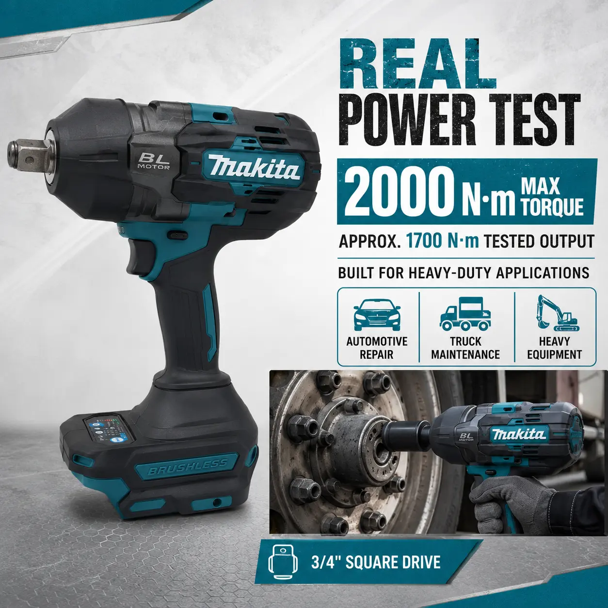 Makita 18V 2000NM torque, brushless motor electric impact wrench, 3/4 inch square drill, suitable for Makita 18V battery, equipped with forward and reverse switch, stepless speed regulation function, suitable for heavy maintenance operations