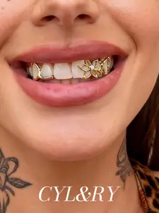 CYL&RY 18K Gold Plated Flower Hollow-Out Oval Triple Tooth Grillz For Woman Man Gold/Silver Options Perfect for Y2K Aesthetic Outfits Brunch Dates Daily Commutes Music Festivals Club Nights TikTok Photoshoots Special Occasions Like Photoshoots Hangouts