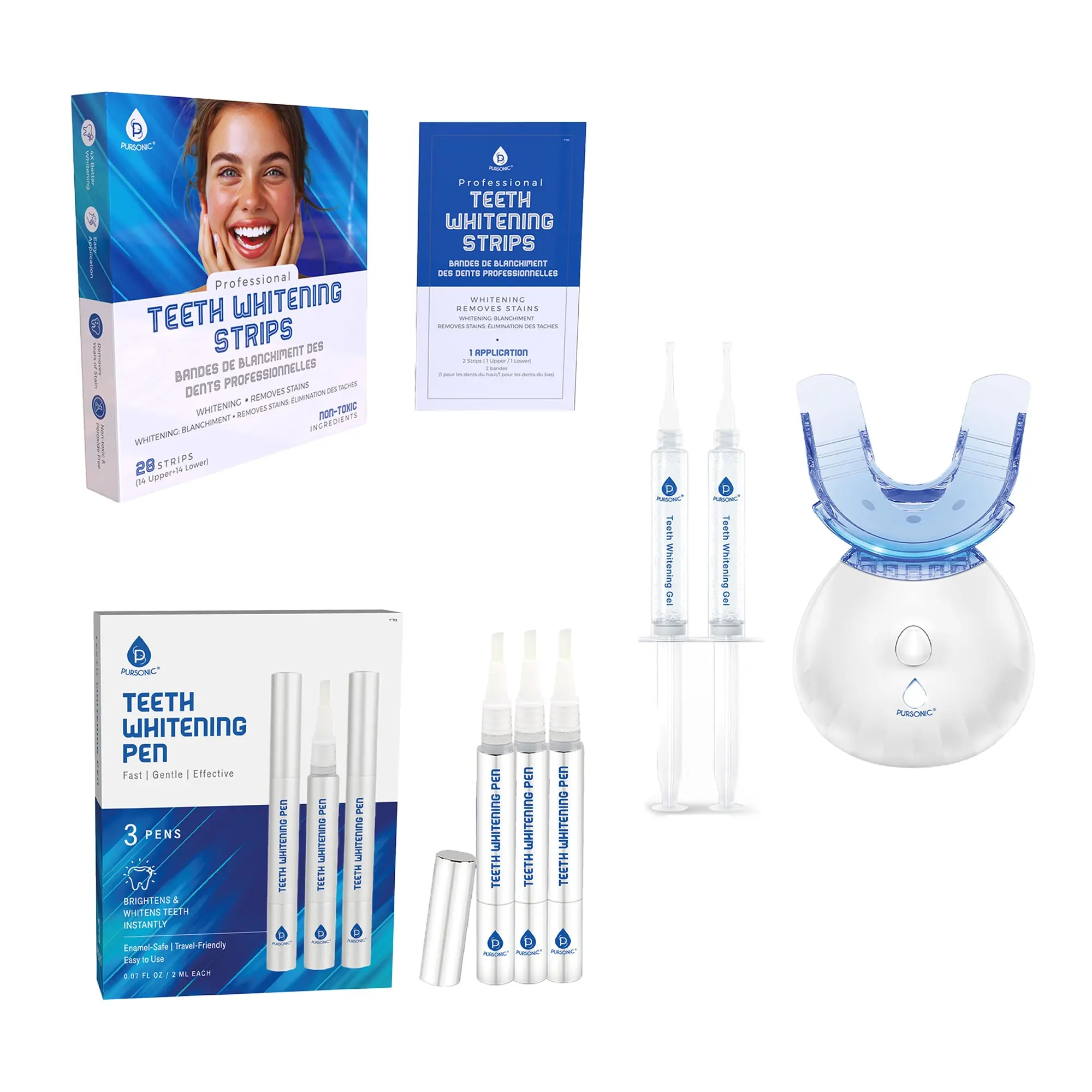 Pursonic Complete Smile Whitening Bundle – LED Whitening Kit + Whitening Pens + Professional Whitening Strips