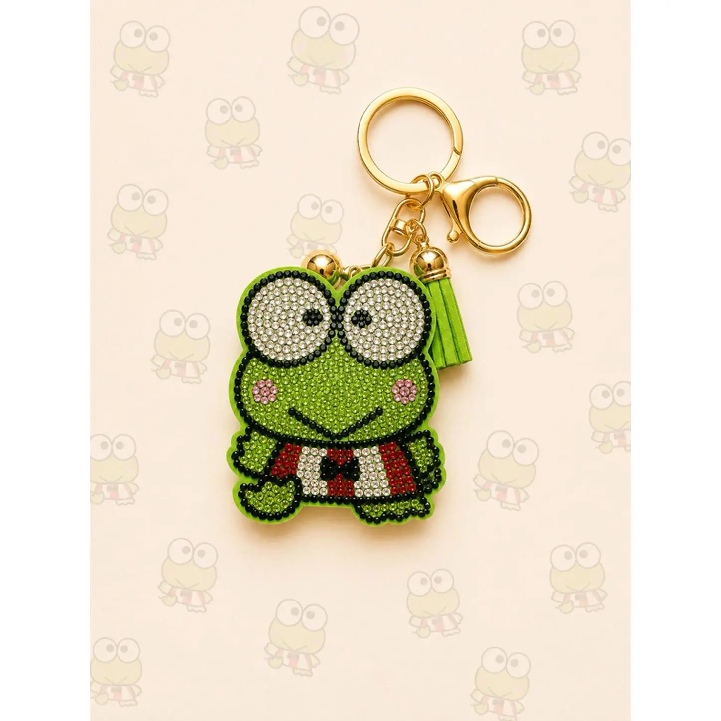 Keroppi-inspired Rhinestone Keychain with Bright Green Crystals, Shiny Gold Hardware, and Green Tassel