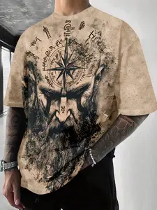 Men's Viking Style Streetwear Graphic T-Shirt, Distressed Base, Norse Runes & Odin Headprint, Elastic Loose Fit, Casual Short Sleeve Top