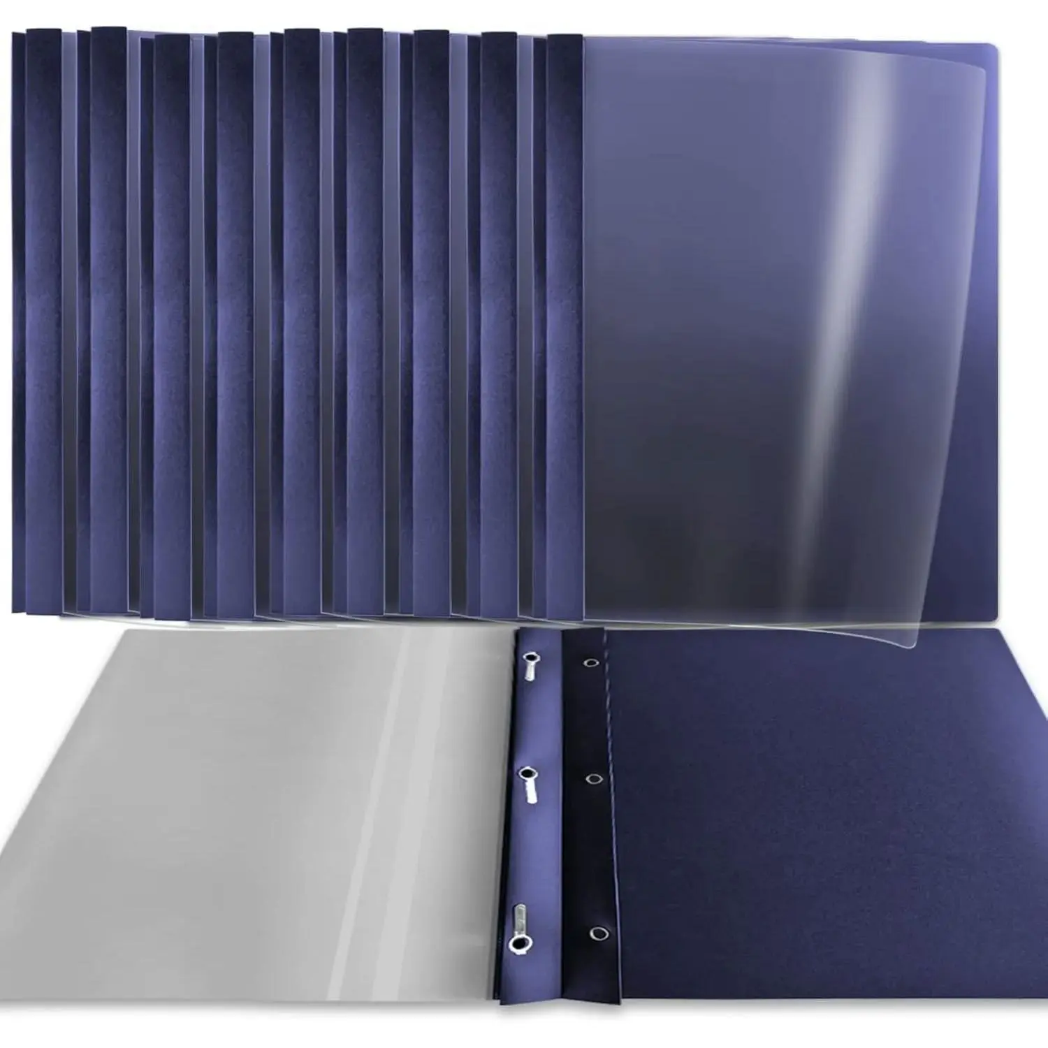 10 Pack Clear Front Report Covers with 3 Prongs, Heavyduty, 100 Sheet Capacity, Plastic Report Folder with Navy Back Covers, 3 Metal Prongs Fasteners, for Letter Size, Office Supplies