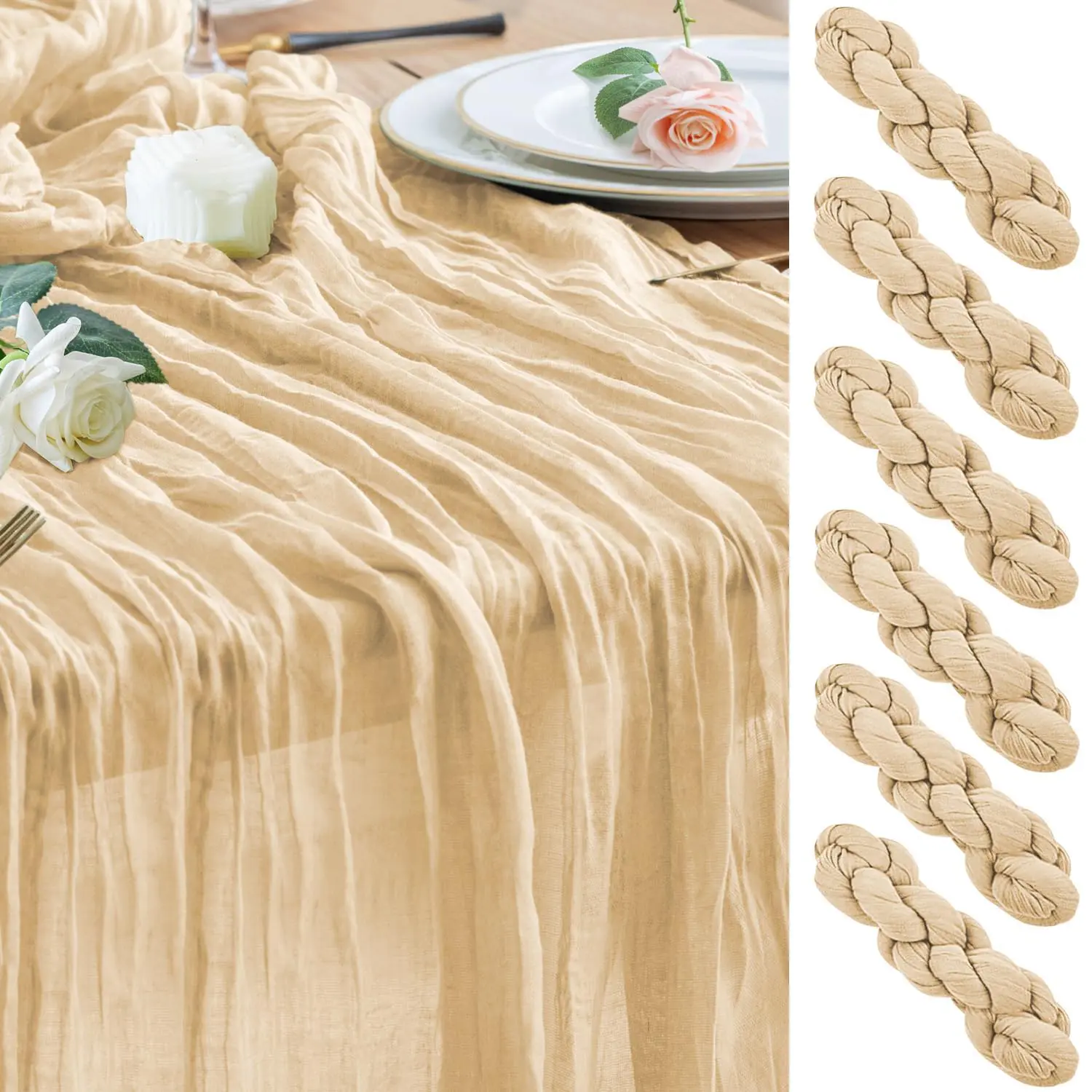 10-Pack Beige Cheesecloth Table Runners, 17x108 inch 9FT Semi-Sheer Boho Fabric, Bulk for Wedding, Home Decor, Party Events