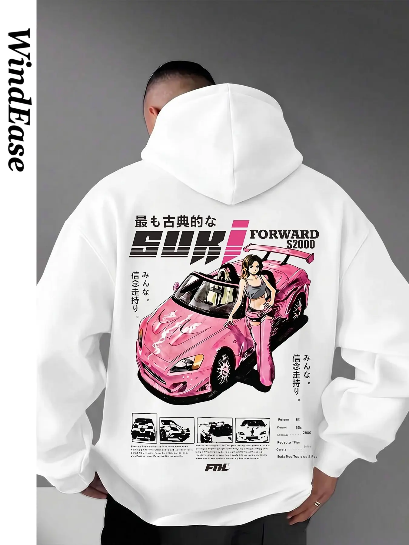 American High Street S2000 Japanese Racing Anime Print Streetwear Hoodie, Men's Thick Warm Loose Oversize Sweatshirt, Fall Winter Casual Fashion