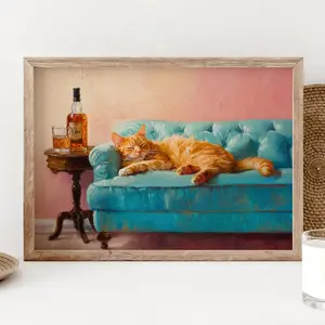 Orange Cat with Whiskey Art Print, Ginger Cat Wall Art, Quirky Bar Cart Decor Unframed