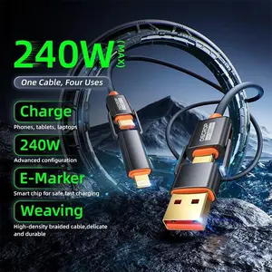 4-in-1 USB Detachable Fast Charging Cable with USB-A, USB-C, and Lightning Connectors-240W MAX, Compatible with iPhone16/15/14/13, iPad, Samsung, Laptopss, ldeal for Everyday Use