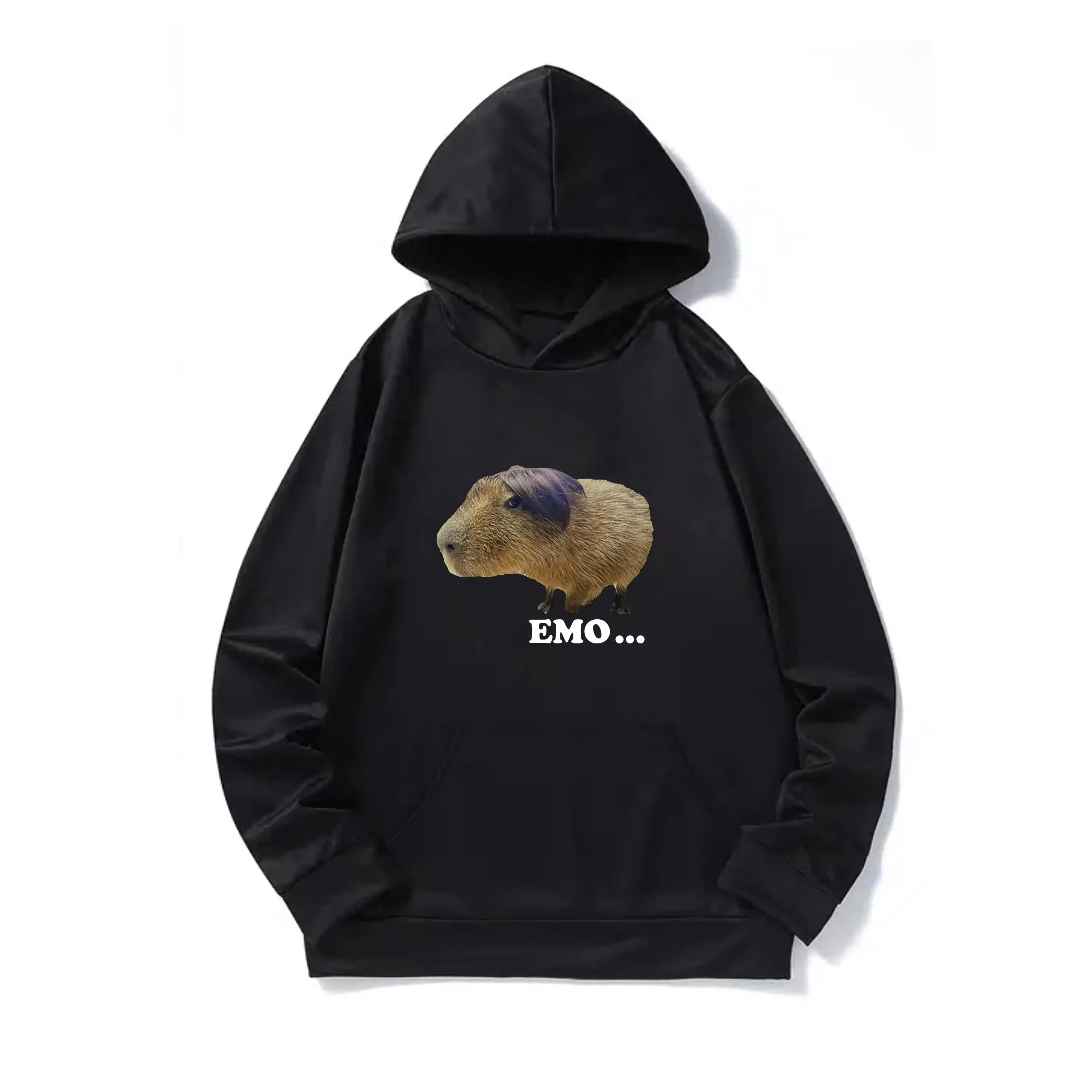 Men's Oversized Ribbed Cuffs and Hem Graphic Emo Rat Print Longsleeve Hoodie Sweatshirt - Soft Casual Fabric, Kangaroo Pocket Sporty Chic Streetwear Pullover for Sports, Outdoor Activities, Long Sleeve, Drop Shoulder, Menswear, Tops, Emo Inspired, Cotton,