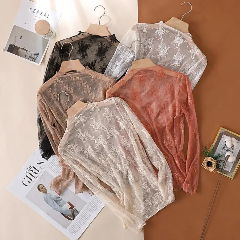 Women Floral Lace Shirt Spring Autumn Long Sleeve Sexy Mesh Bottoming Shirts Mock Neck Blouse T-Shirt Pullover Top,Premium Sheer Lace Sleeveless Tops ,Multiple Elegant Hues, Intricate Floral Patterns