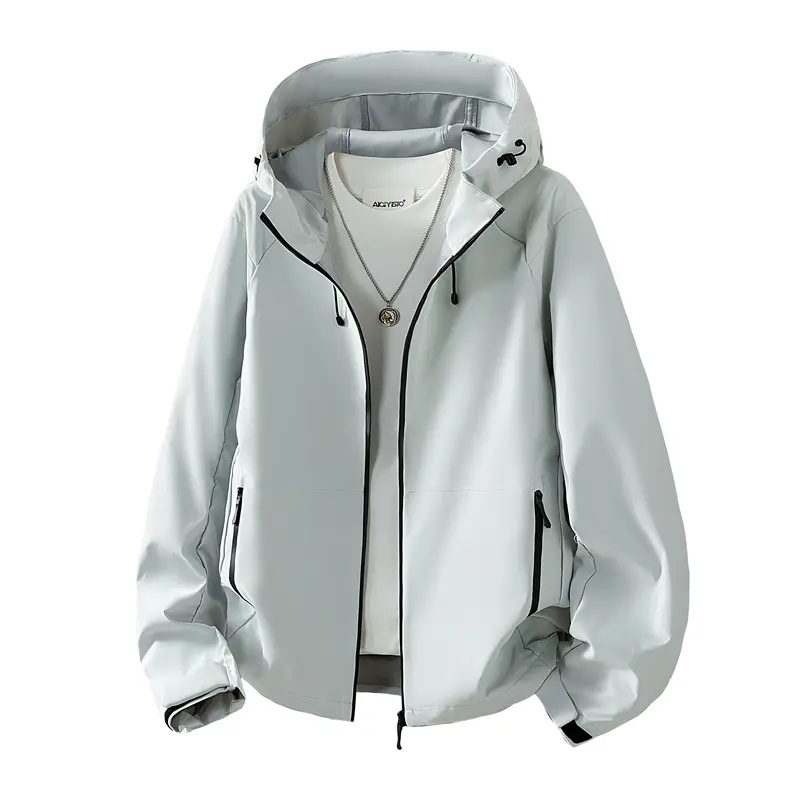 Women’s waterproof, windproof outdoor hiking jacket made of woven fabric with a hood and zipper; loose drop-shoulder design; solid color; adjustable drawstring hood; casual outerwear; versatile for spring, autumn, and all seasons.