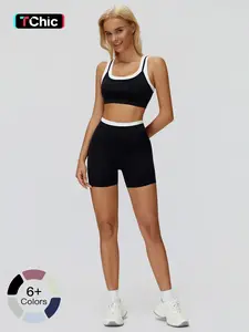 Women's Two-Piece Colorblock Yoga Set, High-Waisted Ribbed Casual Fitness Sportswear, Versatile Gym Workout