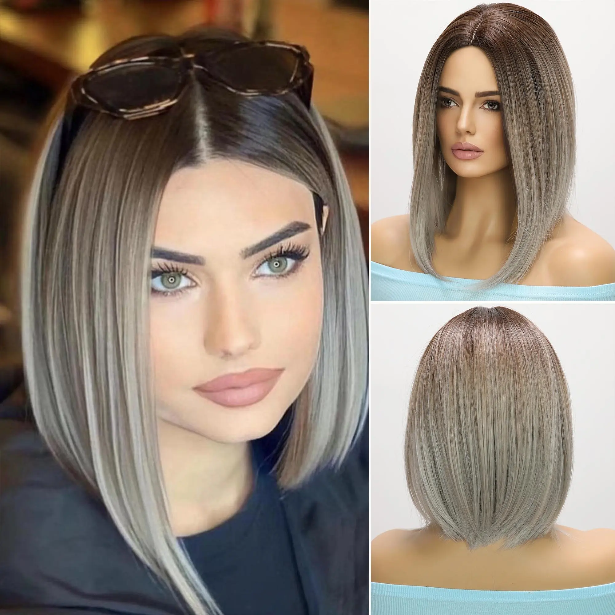 SMILCO/12-inch Gray Ombre Short Stranght BOB Middle Part Synthetic Full Machine Wigs/SM1639