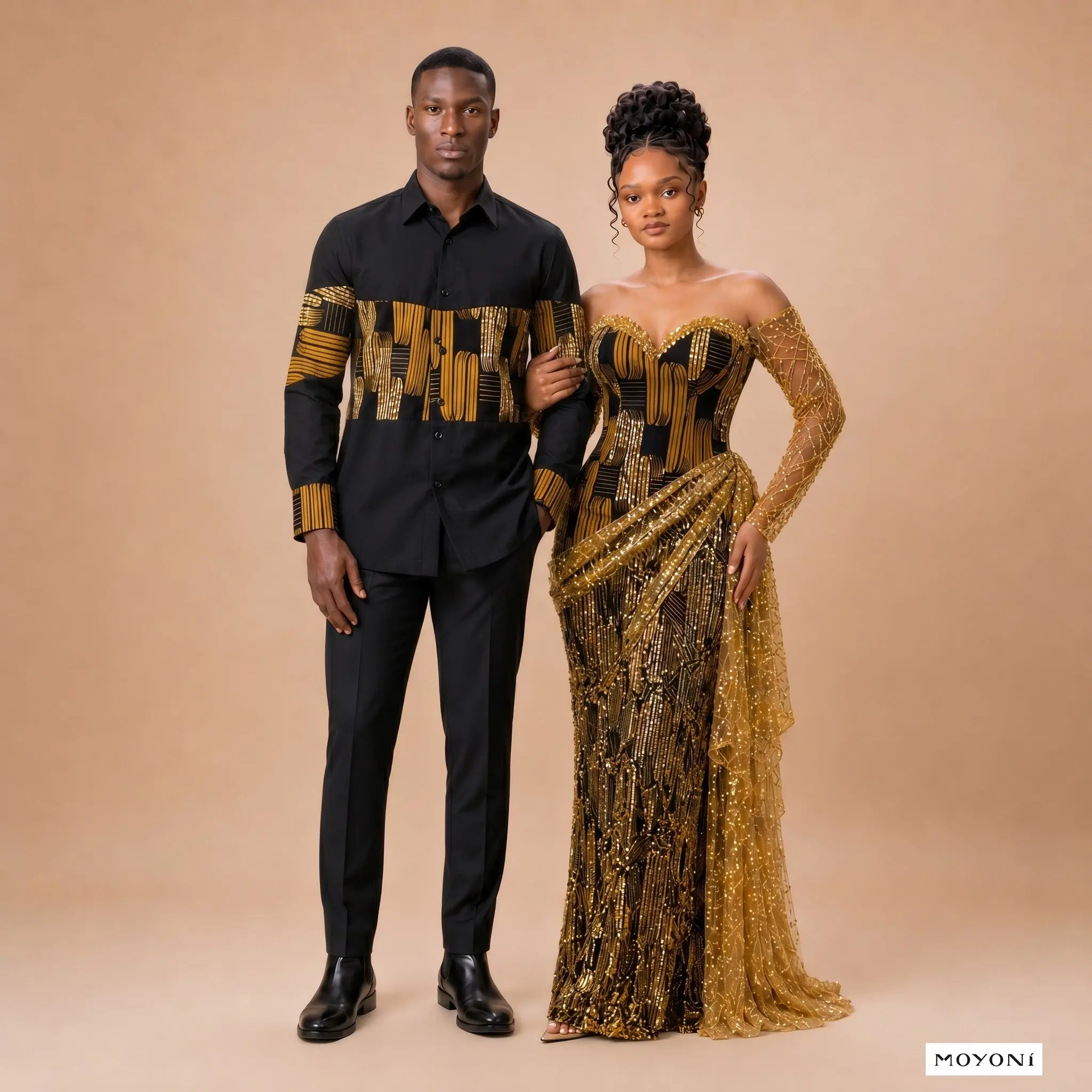 Twin Flame His & Hers Couple Clothes Set - Handmade African Print Matching Outfit, Elegant Beaded Off-Shoulder Dress, Men's Gold & Black Shirt for Weddings, Dry Clean Recommended, Pieces