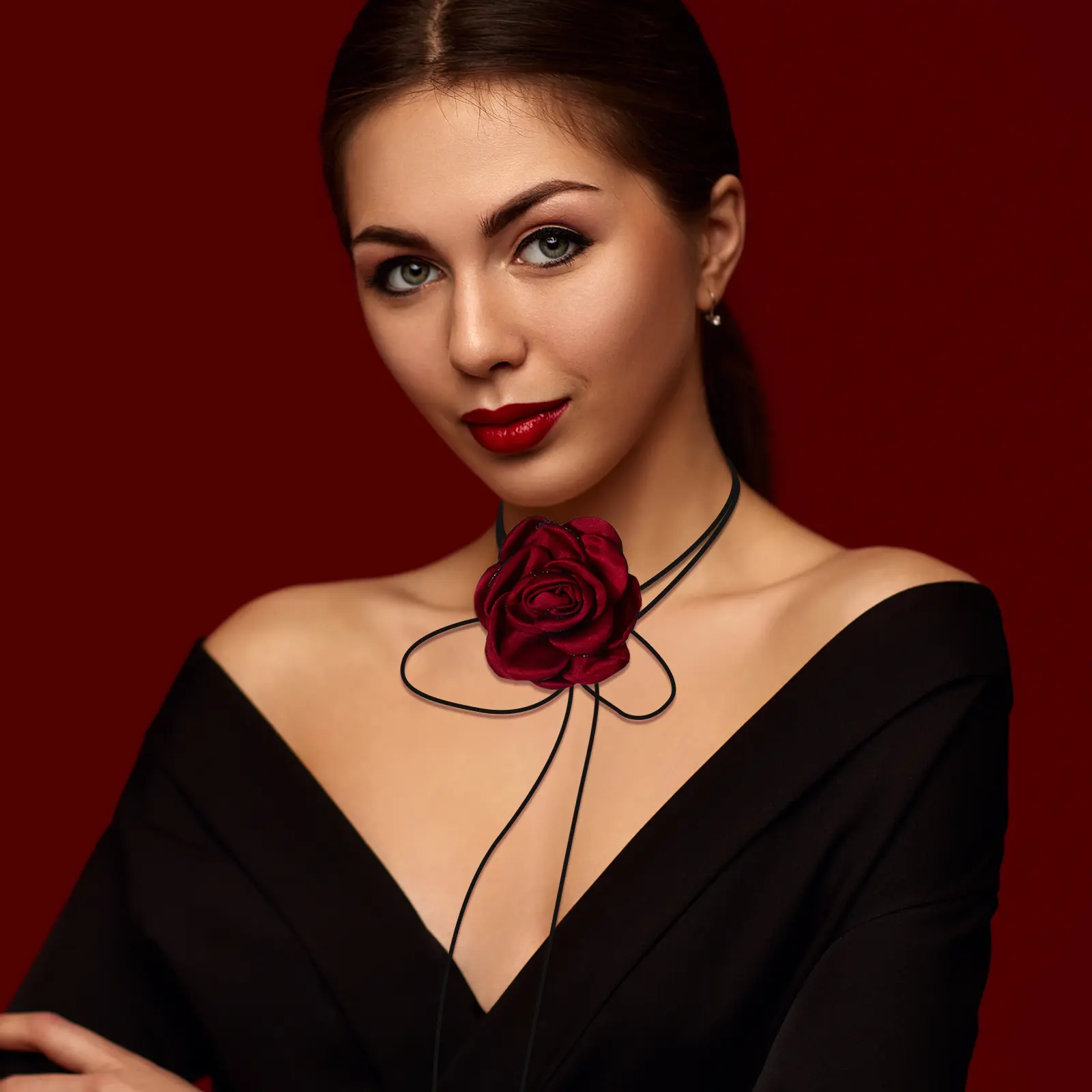 OIDEA Women's Velvet Camellia Bloom Choker - Long Body Chain, Floral Drop, Ornamental Chain Detailing Necklace for Wedding Bridal Party, Burgundy Statement Piece, Chain Detailing Necklaces, Bloom Necklaces