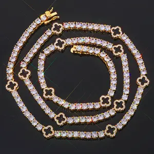 [ICE HUE] Women's 18K Gold Vacuum Plated Copper Tennis Chain with 5A+ Sri Lanka Zircon Gems - Miami-Inspired 4 Leaf Clover Hip Hop Collarbone Necklace, Unisex Fit, Casual Chic, Everyday Wear Luxury Jewelry Gift Idea