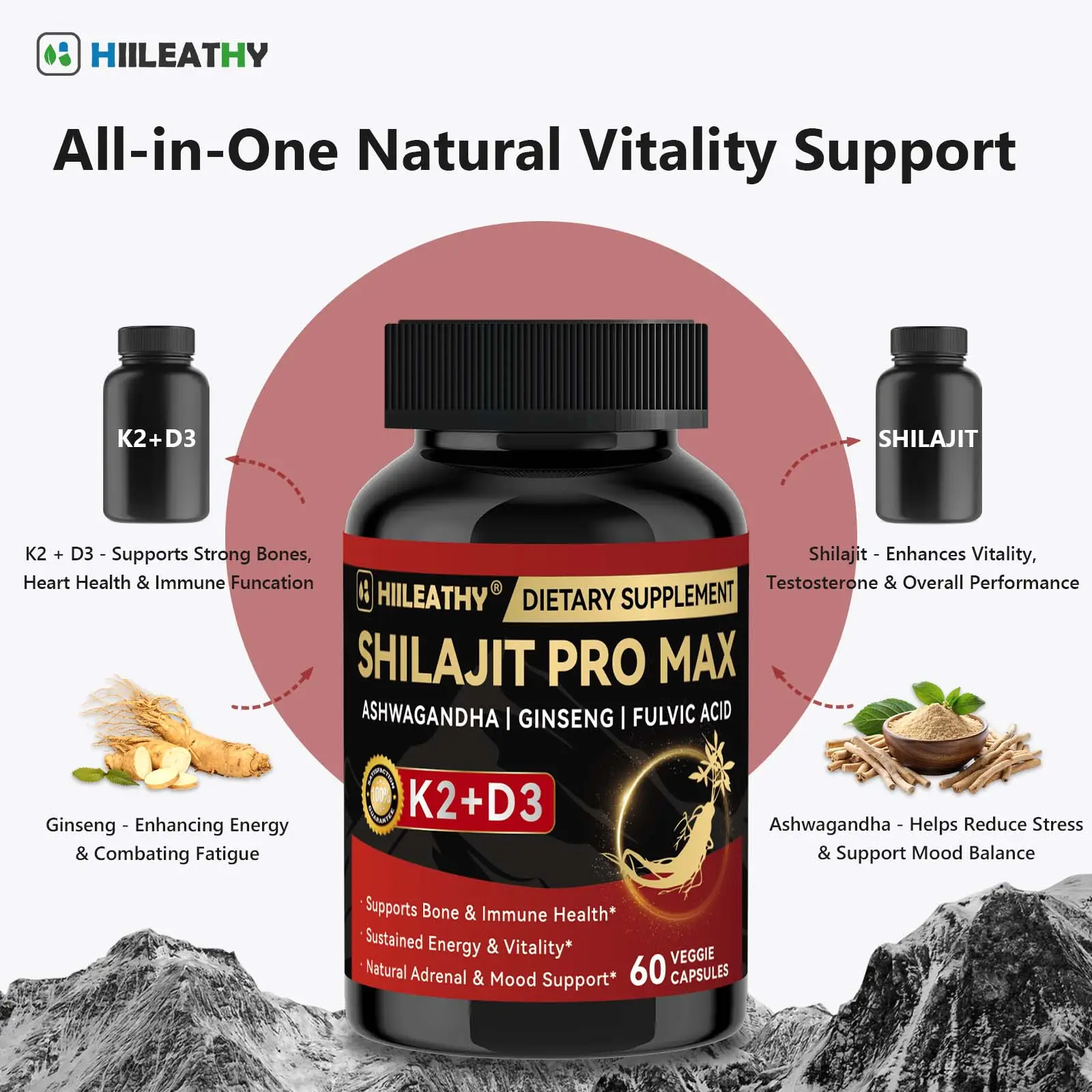 HIILEATHY Optimal Shilajit PRO MAX with K2 & D3 60 Capsules Made in USA with Essential Minerals for Healthy Aging and Immune System Support - Edible