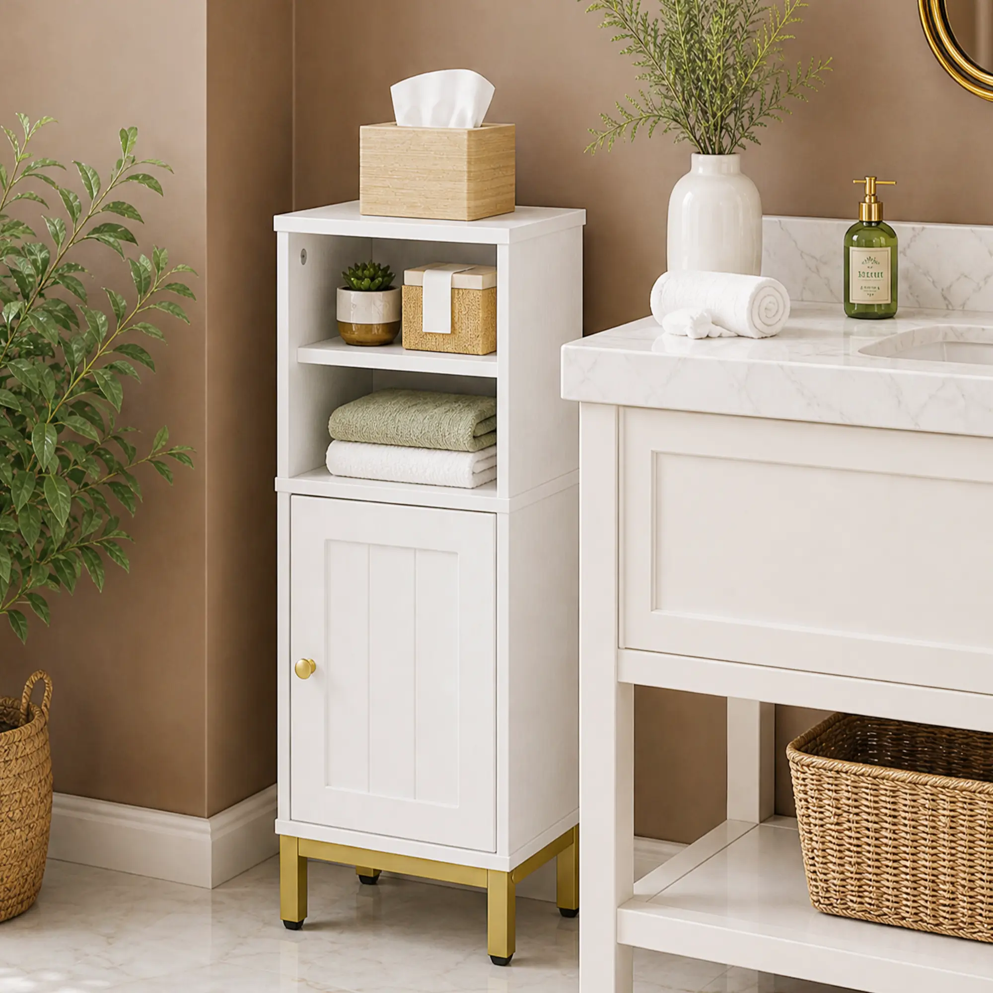 Hzuaneri Bathroom Storage Cabinet, Corner Floor Cabinet with Shelves, Customized Door Opening Direction, Bathroom Organizer with Adjustable Shelf for Kitchen, Living, Toilet Paper Cabinet