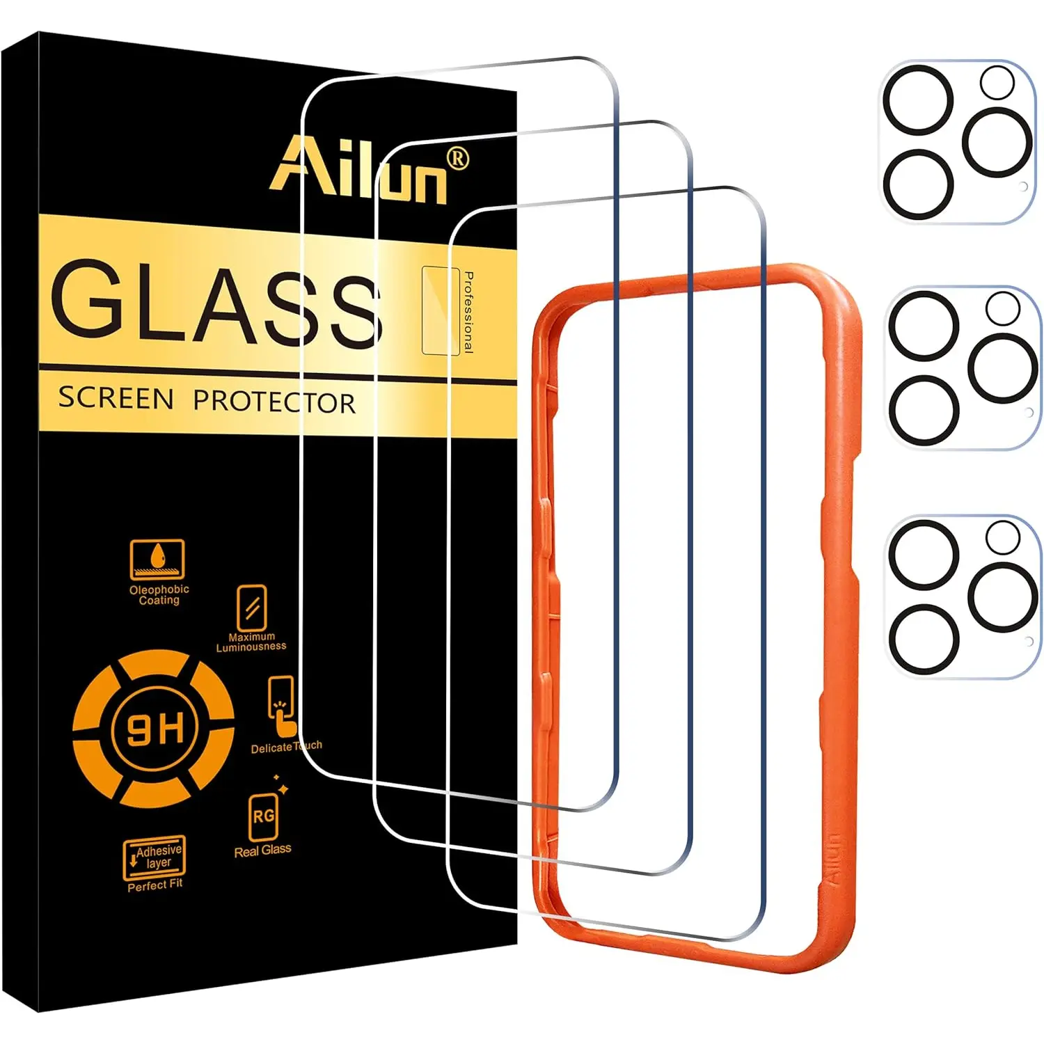 Ailun 3 Pack Screen Protector for Iphone 16 Pro Max [6.9 Inch] + 3 Pack Camera Lens Protector with Installation Frame,Sensor Protection,Dynamic Island Compatible,Case Friendly Tempered Glass Film Ailun