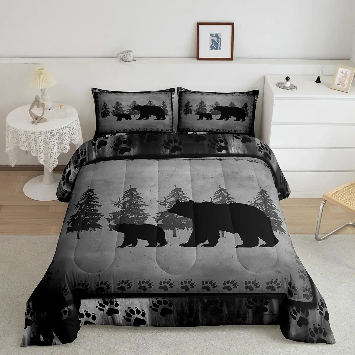 Feelyou 3D All Over Print Bear Bed Comforter Set - Rustic Farmhouse Breathable Grey Bear Family & Paws Decorative All-Season Bedroom Bedding Set, Decorative Bedding Set, Breathable Duvet Set