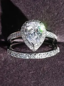 Women's Rhinestone Decor Water Drop Shaped Ring, 2pcs Elegant Artificial Ring Set for Women & Girls, Fashion Wedding & Party Jewelry Gift for Girls, Engagement Ring Set, Teardrop Bridal Rings