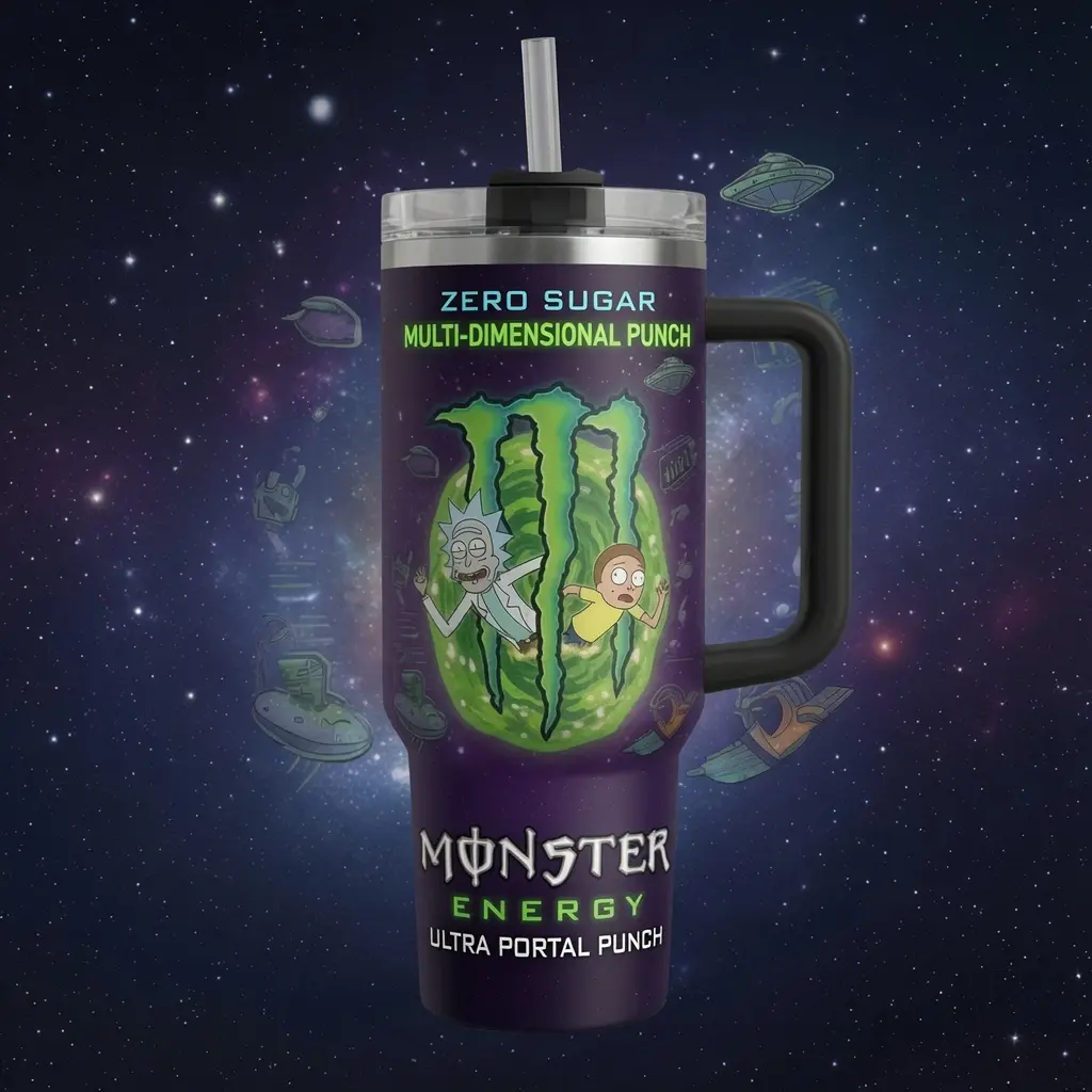 Mon.Energy Rick And Morty Pattern Tumbler 40oz With Handle & Straw, Pickle Rick Fan Gift, Insulated Ice Cup with Straw Double Wall Vacuum Insulated Travel Mug, Eco-Friendly, Gift for Your Health