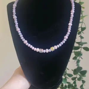 Purple Crystal Pearl Necklace with Zirconia-Plated Clasp