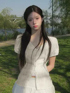 Elegant Back Bow Chiffon Blouse Fitted Short Sleeve Summer Shirt, Women's Lady Fashion Top, Lightweight & Breathable Woven Fabric, Perfect for Casual Wear, Womenswear