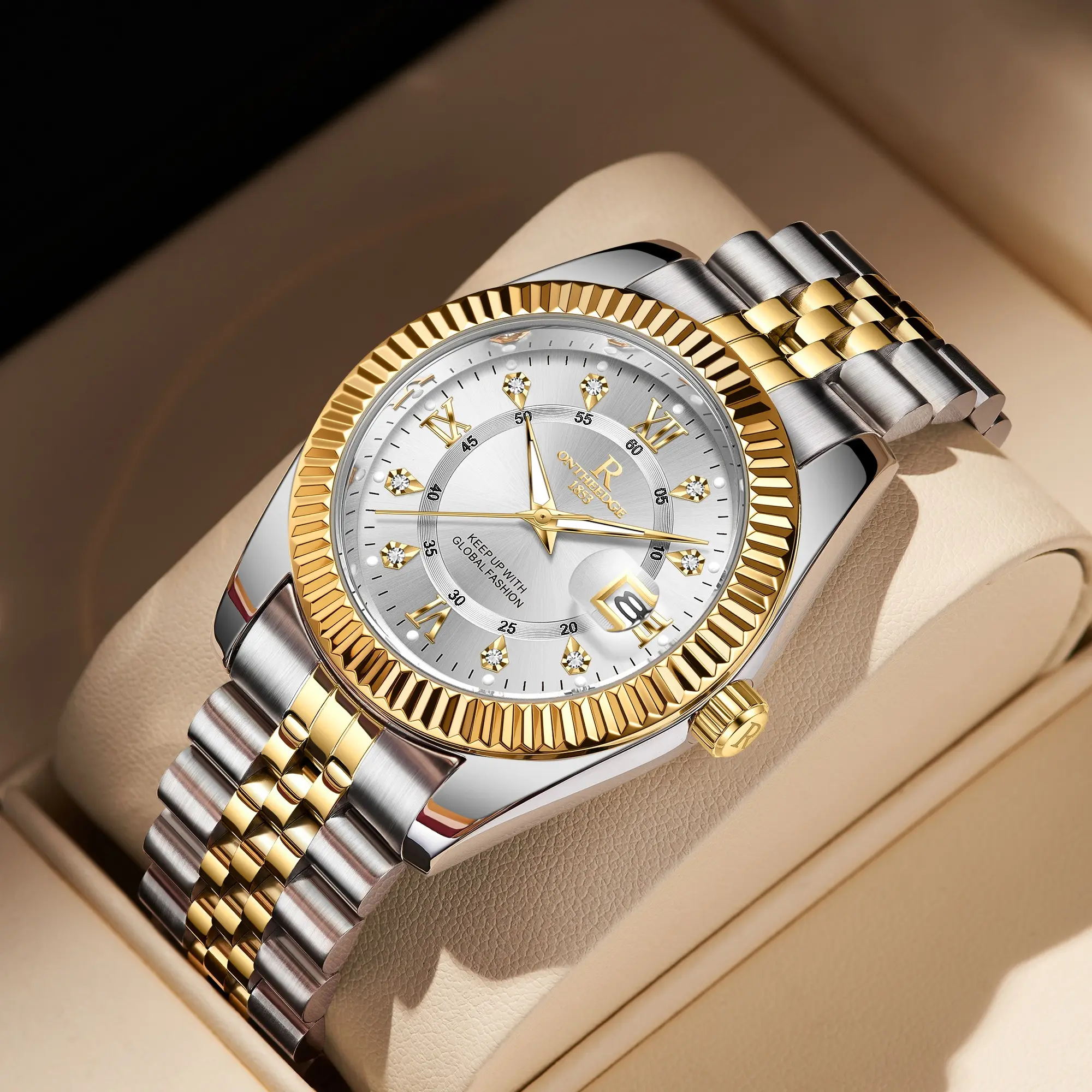 Men's 2-Tone Gold-Silver 41mm Round Quartz Watch - Fluted Bezel, Crystal Dial, Date Window, Luminous Waterproof Steel Bracelet, Casual Business OOTD Accessory, Budget Luxury Tech-Focused Watch, Free Gift Box & Adjuster, Limited Deals