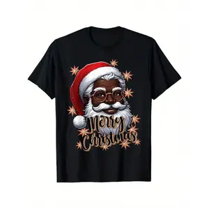 African American Santa Christmas Pajama Black X-Mas T-Shirt Round Neck T-shirt Halloween Thanksgiving Christmas Gift for Men Women Family Friends, Valentines Day Gifts for Boyfriend Girlfriend,  Breathable Fabric Menswear Top plus sizes 4XL and 5XL