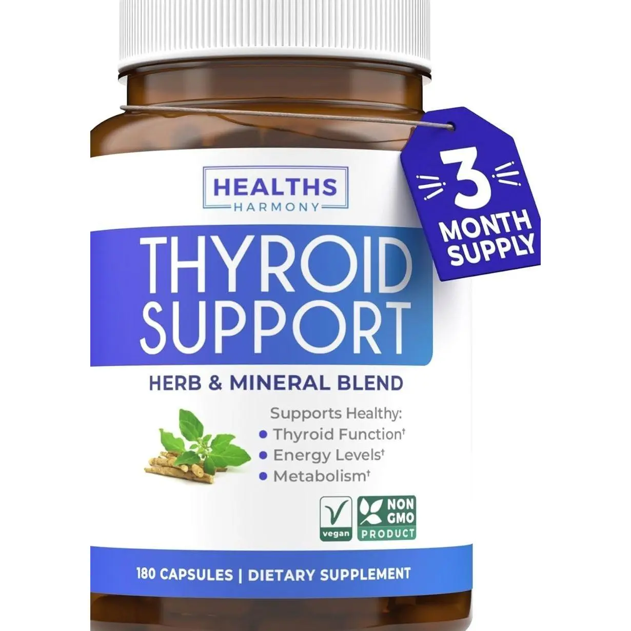 Thyroid Support with Iodine - 180 Capsules (Non-GMO) Improve Your Energy - Ashwagandha Root, Zinc, Selenium, Vitamin B12 Complex - Thyroid Health Supplement for Women and for Men - 90 Day Supply
