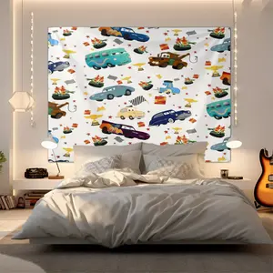 Racing Themed Cartoon Car Tapestry,Lightning McQueen & Tow Truck Print Wall Hanging,Checkered Flags & Trophy Accent Tapestries,Fun Racing Theme Wall Hanging,Lightweight Easy Tapestry,Great for Boys Room,Dorm & Living Room Wall Decor