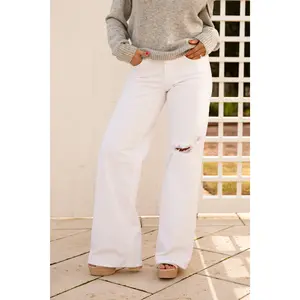 Olivia White Mid Rise Distressed Wide Leg Jeans