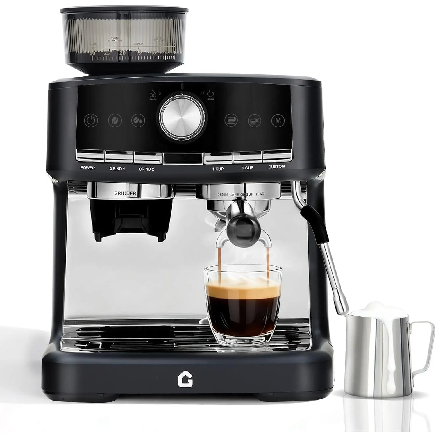 20 Bar Stainless Steel Espresso Machine with Integrated Grinder, Adjustable Shot Volume, 1.5l Removable Water Tank, Steam Milk Frother Wand for Home and Office Use, Black