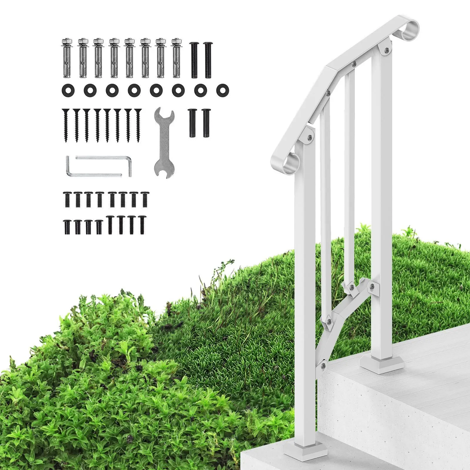 VEVOR Outdoor Handrail Kit, 1-2 Step Carbon Steel Railings with Installation Kit, White Retro Arch for Seniors Safe Stair Support, Concrete Steps & Porch