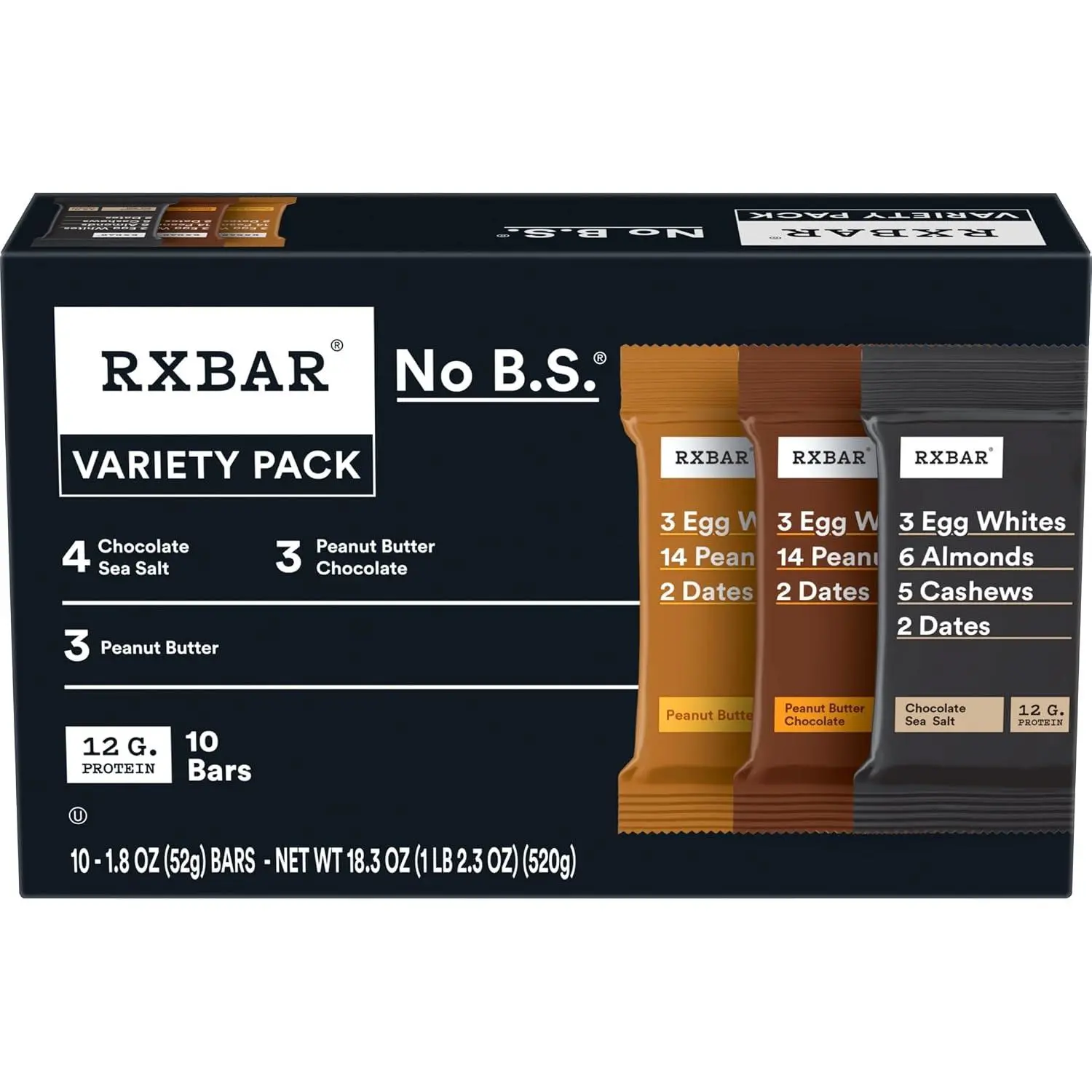 RXBAR Protein Bars, 12g Protein, Gluten Free Snacks, 3-Flavor Variety Pack, 18.3oz Box (10 Bars)
