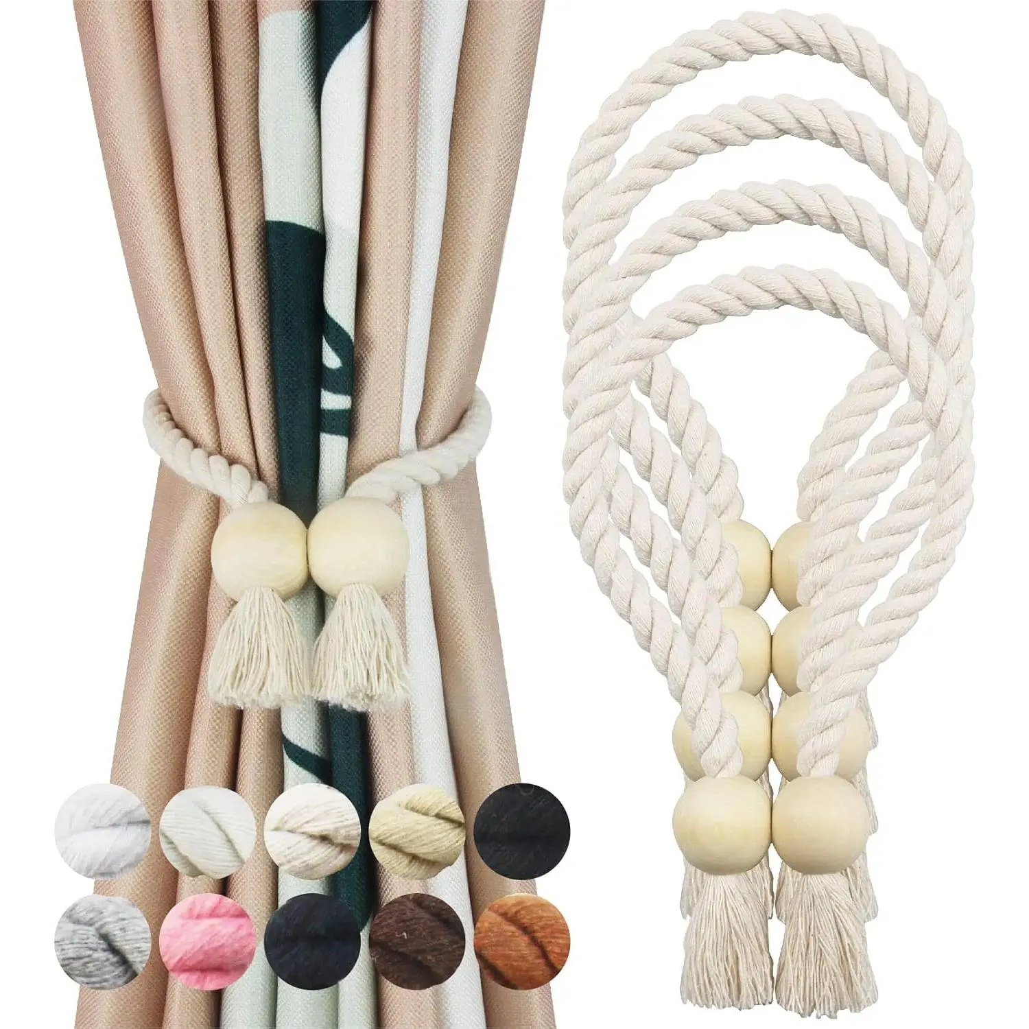 4Pcs Beige Cotton Rope Magnetic Curtain Tiebacks, Hand-Woven with Wooden Buckle, Tool-Free Magnetic Hold, Adjustable Length Freely, Modern Natural Look Home Improvement Decor for Drapes