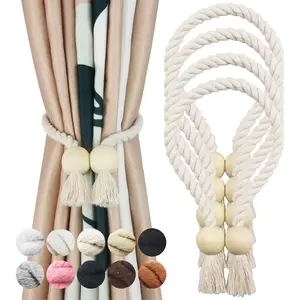 4Pack Beige Magnetic Curtain Tiebacks Cotton Hand Woven Tieback Holdback Decorative Tie Backs for Drapes with Wooden Buckle No Tools Required - Home Improvement.