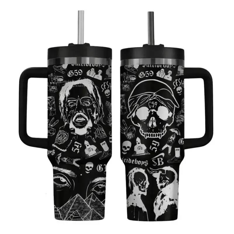 $uicideboy$ G59 Tumbler With Handle Black Collage Design, Underground Rap Mug, Stainless Steel Travel Cup, Gift For Fan
