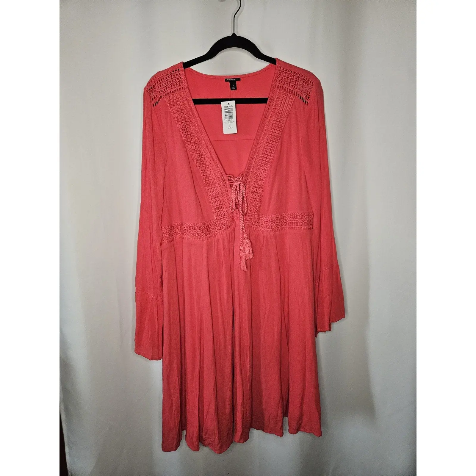 NWT Torrid Skater Dress Size 1X 14-16 Mini Gauze Lace-Up Berry Pink Rayon Flare