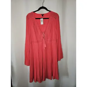 NWT Torrid Skater Dress Size 1X 14-16 Mini Gauze Lace-Up Berry Pink Rayon Flare