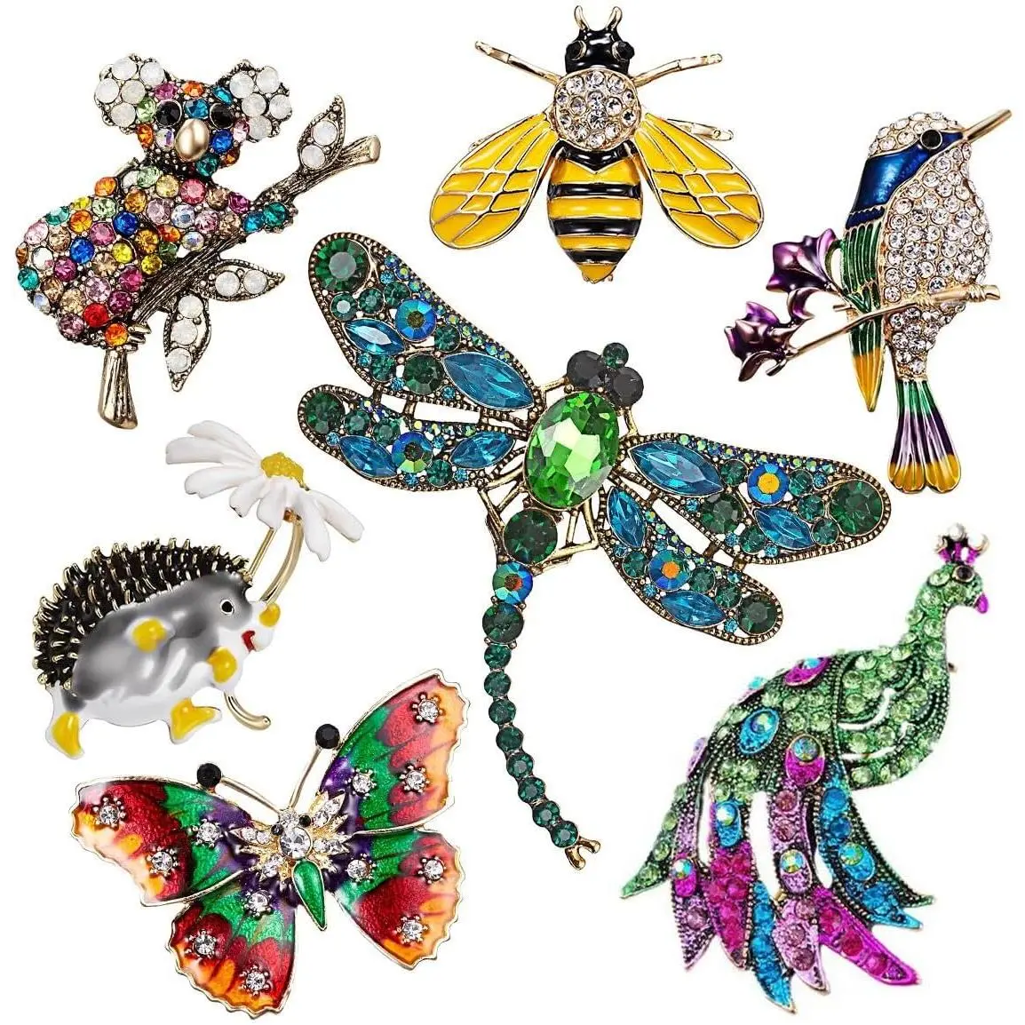 L-BR015 Women's Vintage 5/7/12-Piece Crystal Gems Brooch Set - Animal, Insect, Flower Pins, Party Wear Accessories, Gifts for Sister, Christmas Stocking Stuffers, 12 Pieces, 5 Or 7 Or 12 Pieces